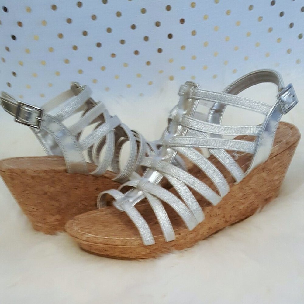 Sugar Women's 8 Silver Strappy Cork Wedge Platform Sandals